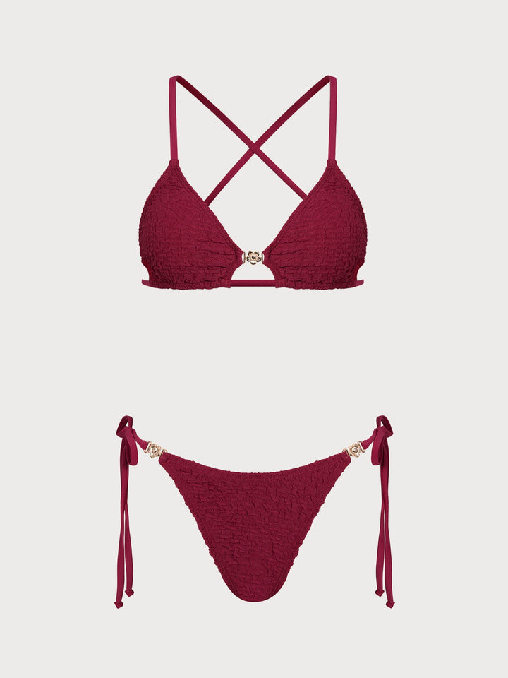 Wine Red Ruched Cross Back Bikini Set