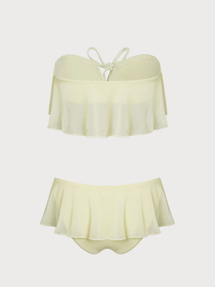 Light Yellow Bandeau Ruffle Mesh Skirt Bikini Set