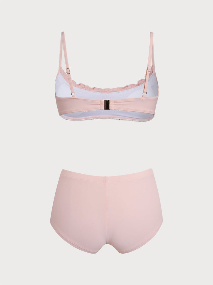 Bean Pink Ruffle Patchwork Shorts Bikini Set