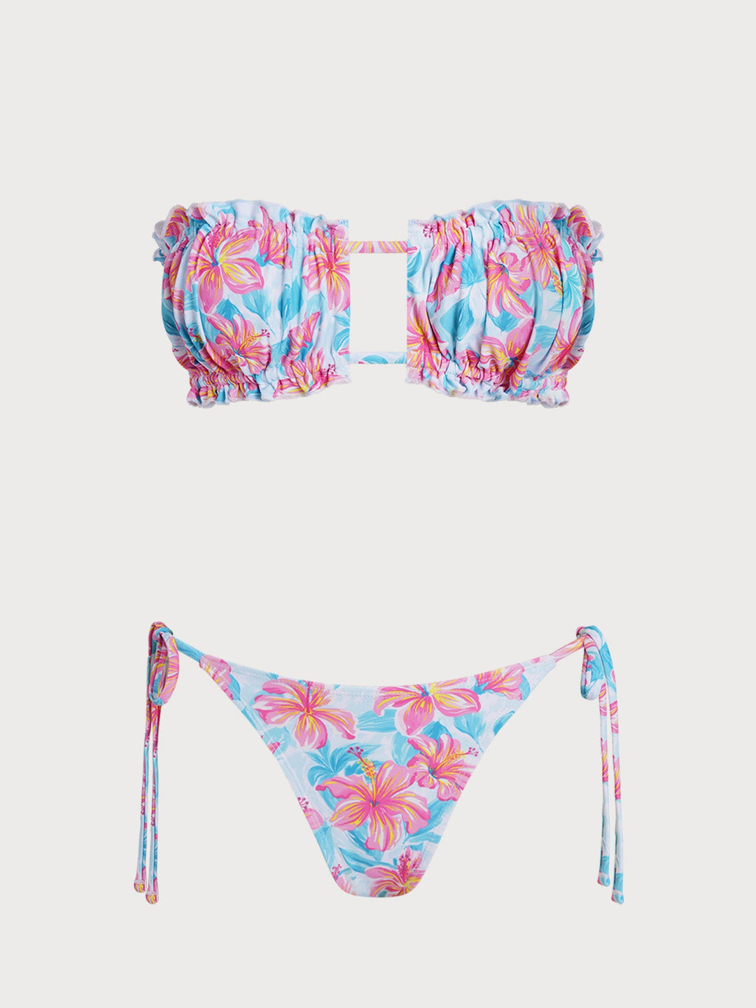 Blue Flower Contrast Strapless Bikini Set