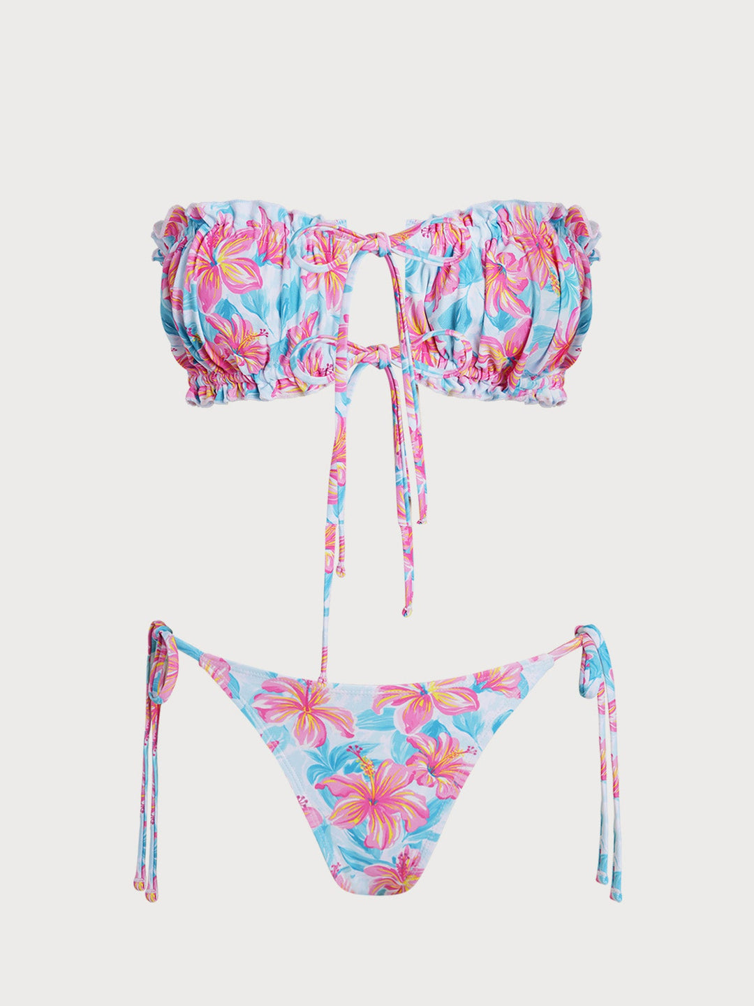 Blue Flower Contrast Strapless Bikini Set