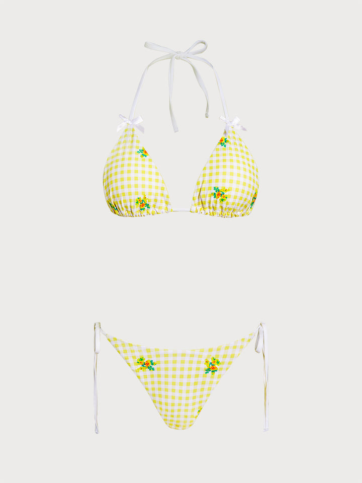 Yellow Floral Plaid Bikini Three-Piece Set