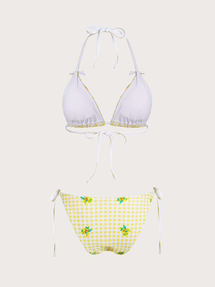 Yellow Floral Plaid Bikini Three-Piece Set