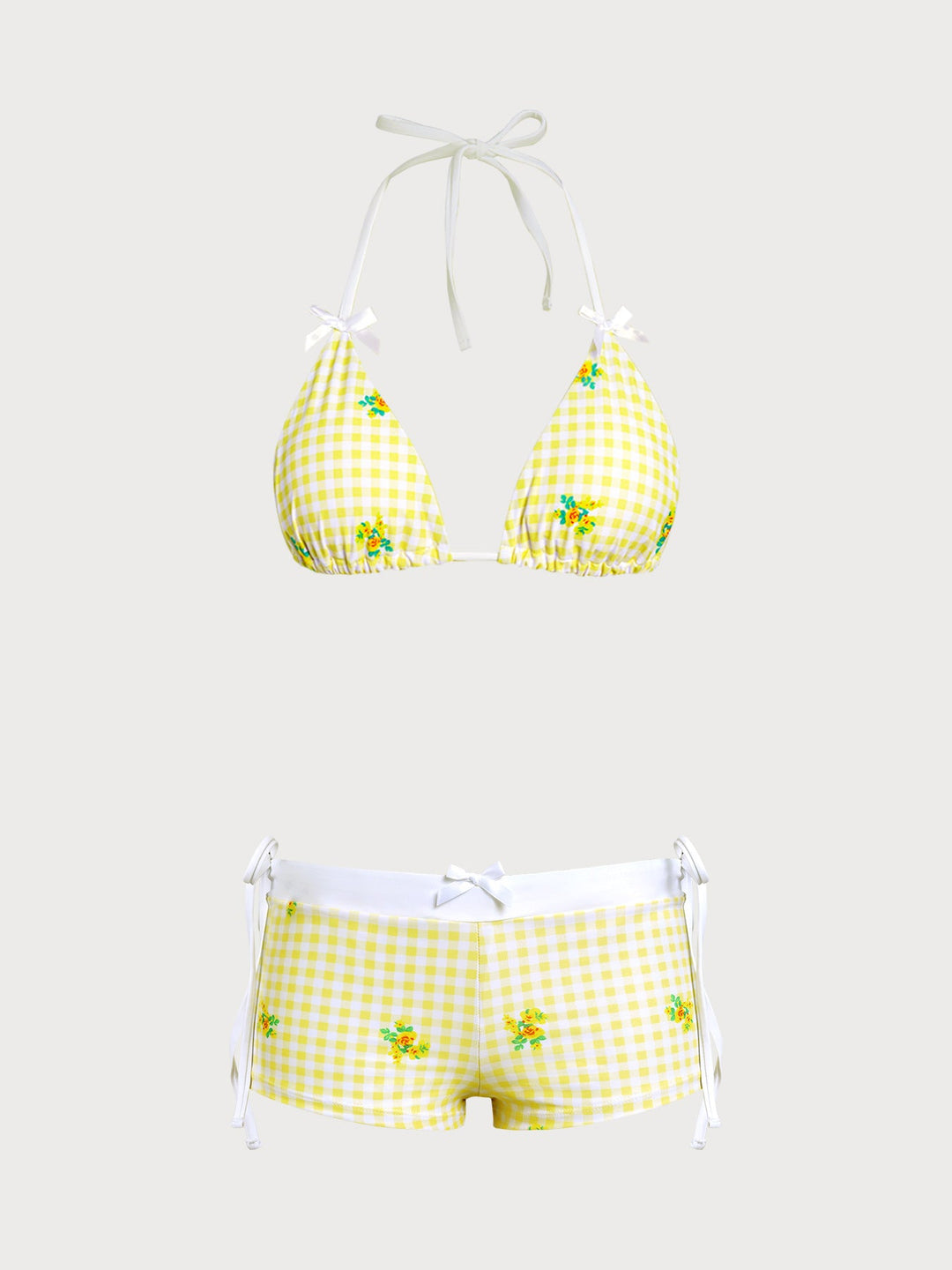 Yellow Floral Plaid Bikini Three-Piece Set