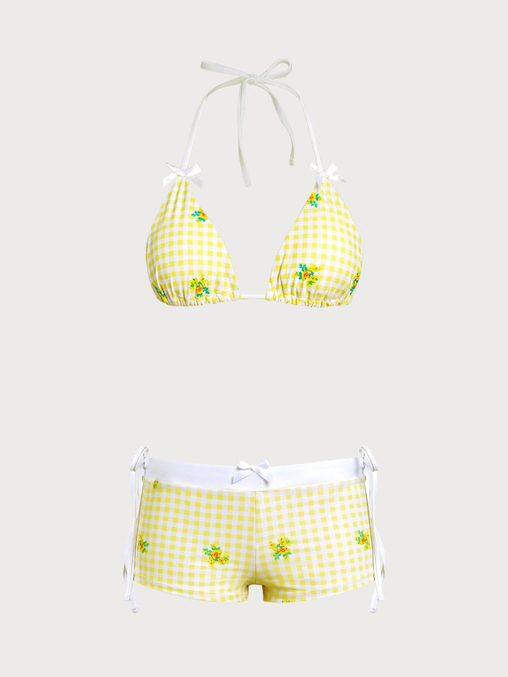 Yellow Floral Plaid Bikini Three-Piece Set