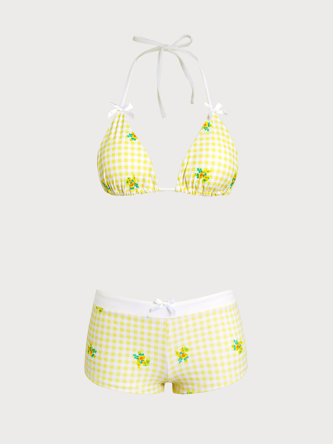 Yellow Floral Plaid Bikini Three-Piece Set