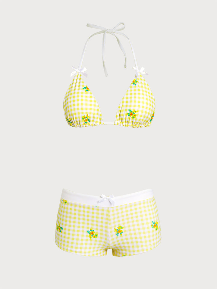 Yellow Floral Plaid Bikini Three-Piece Set