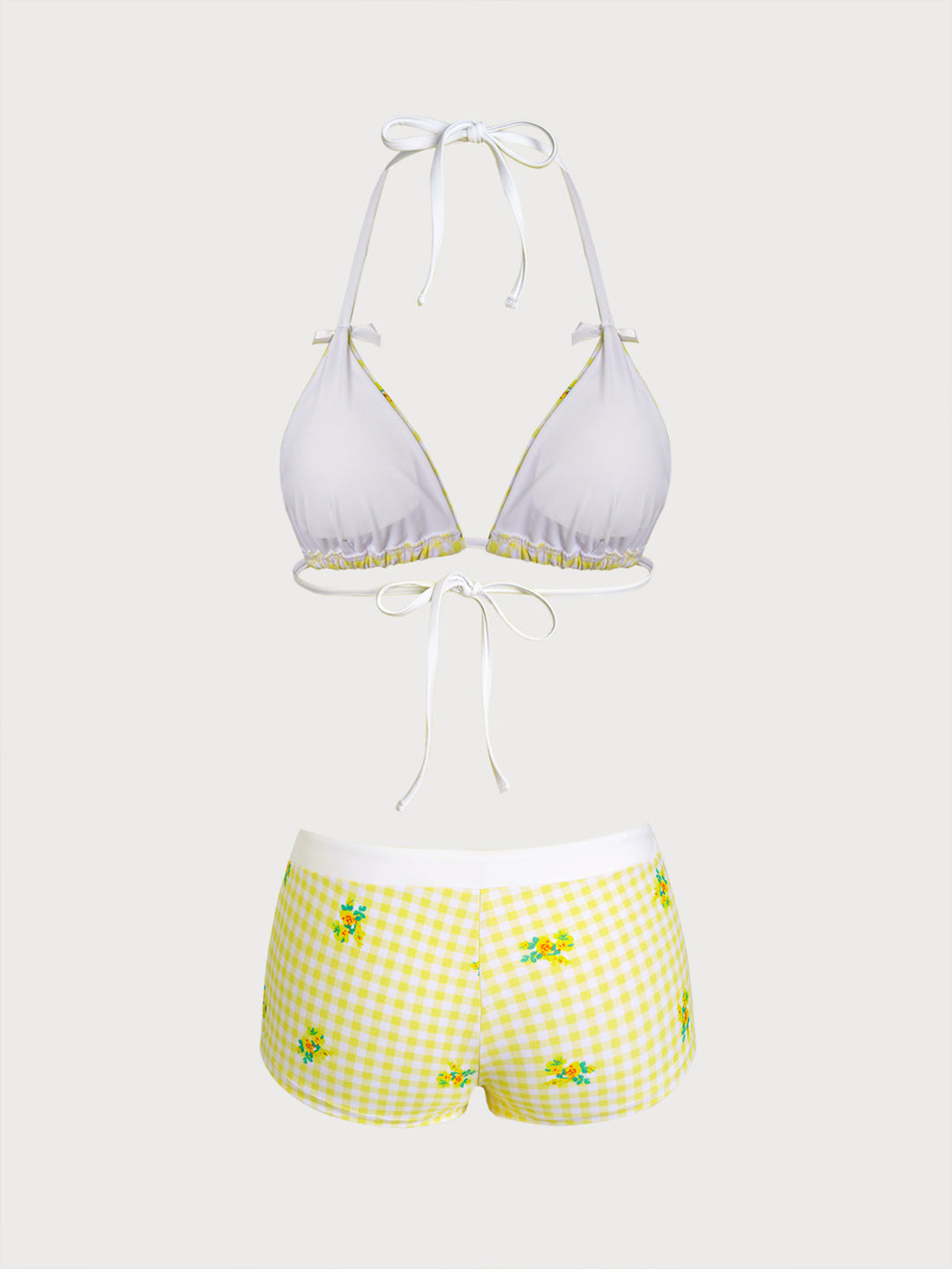 Yellow Floral Plaid Bikini Three-Piece Set