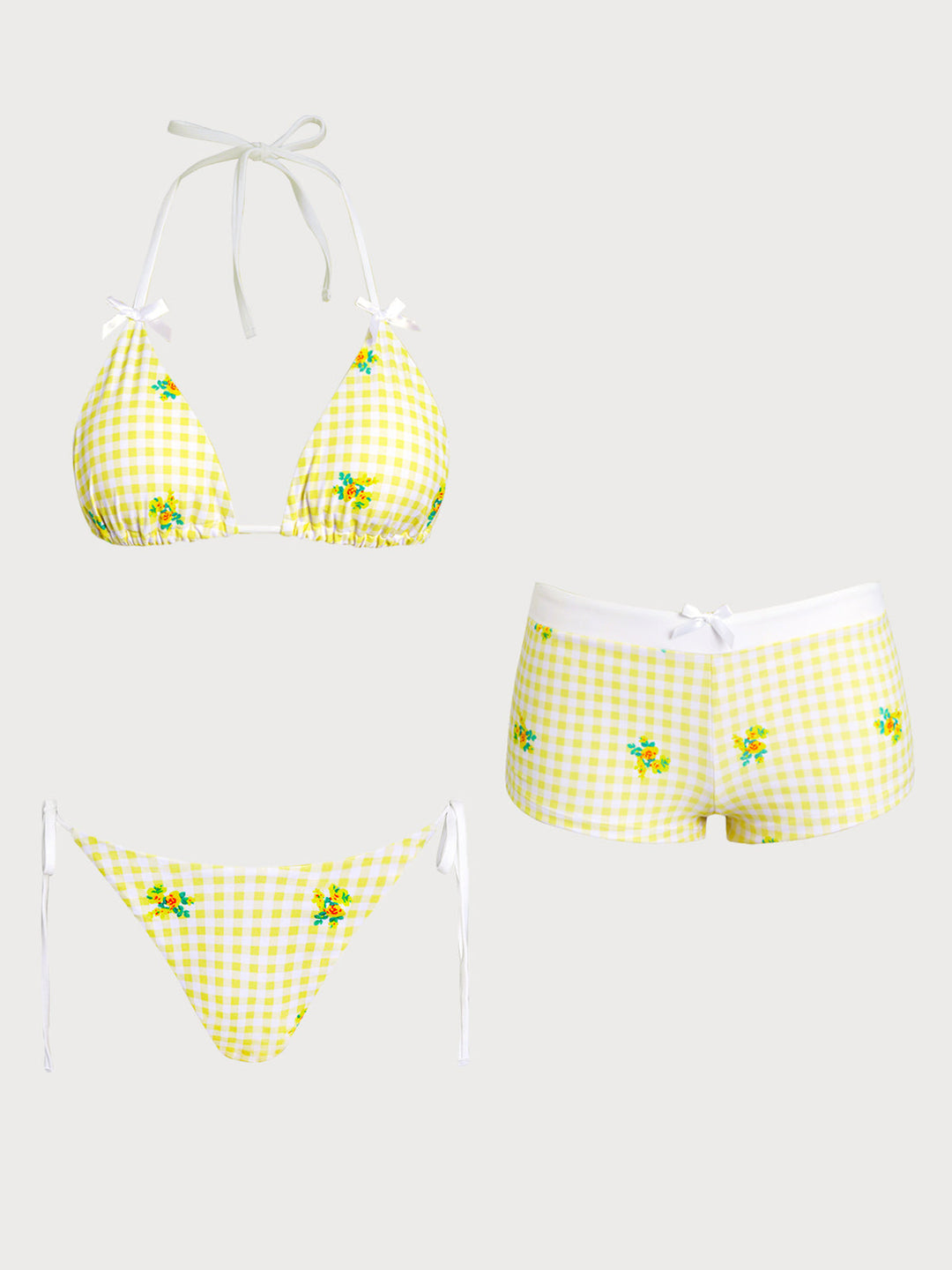 Yellow Floral Plaid Bikini Three-Piece Set