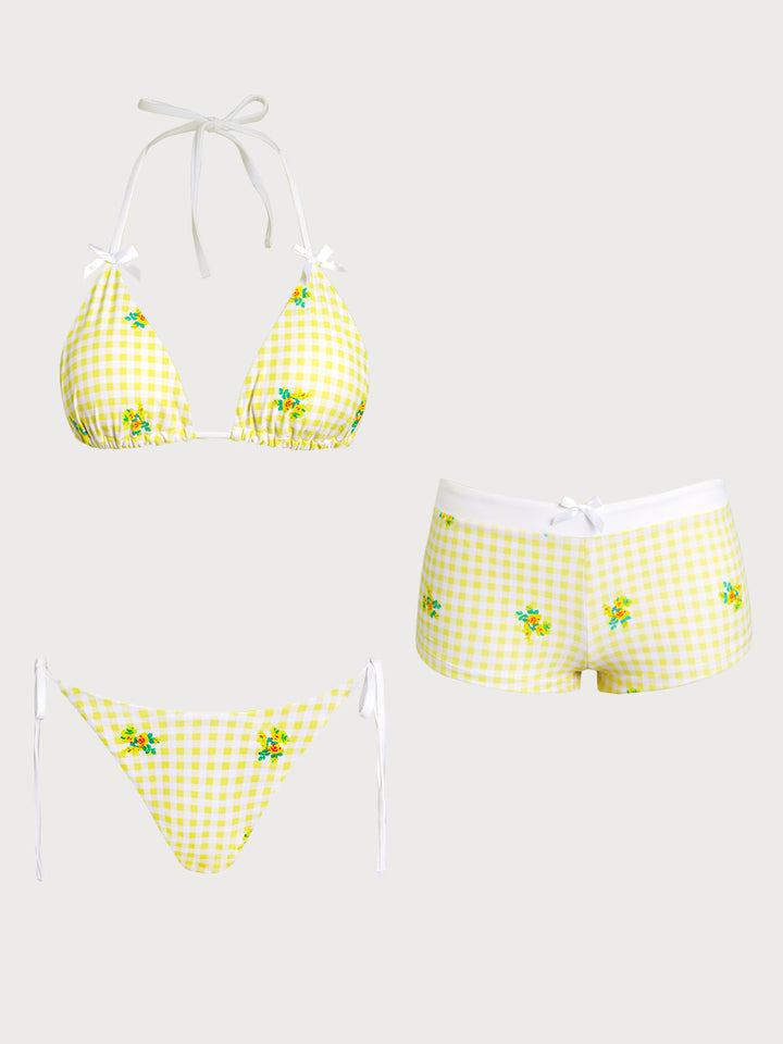 Yellow Floral Plaid Bikini Three-Piece Set