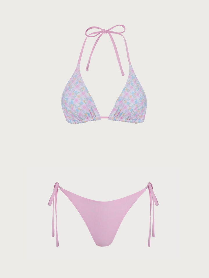 Pink Reversible Floral Plaid Bikini Set