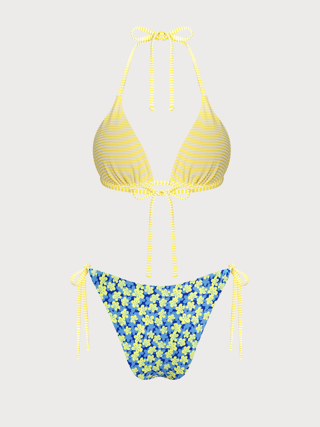 Blue Striped Reversible Floral Contrast Bikini Set