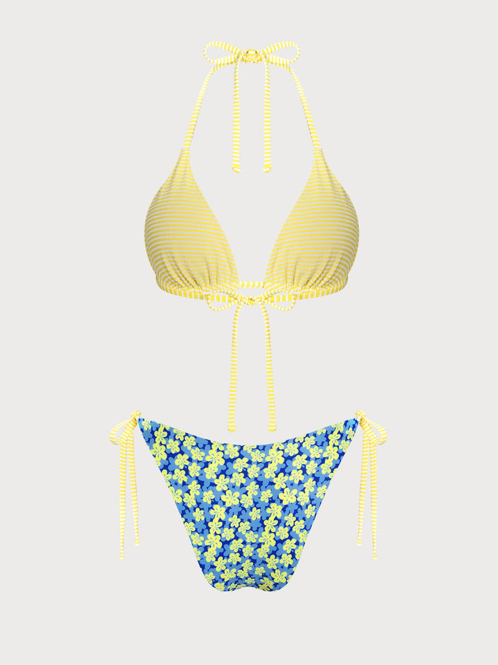 Blue Striped Reversible Floral Contrast Bikini Set