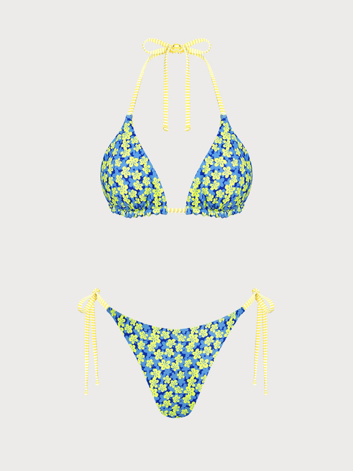 Blue Striped Reversible Floral Contrast Bikini Set