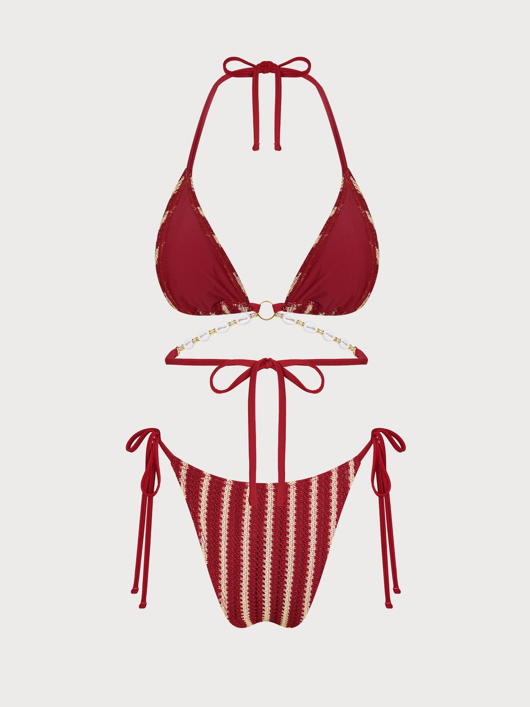 Red O-Ring Contrast Striped Bikini Set