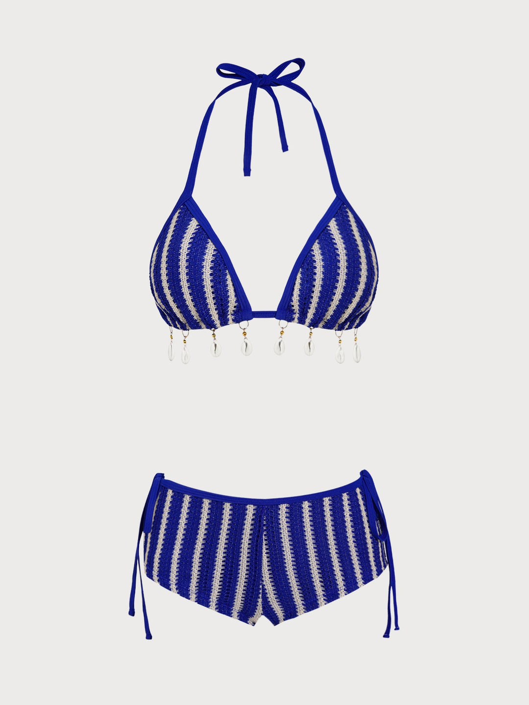 Blue Contrast Striped Beaded Shorts Bikini Set