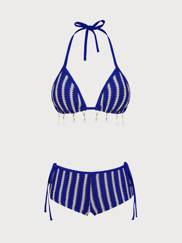 Blue Contrast Striped Beaded Shorts Bikini Set