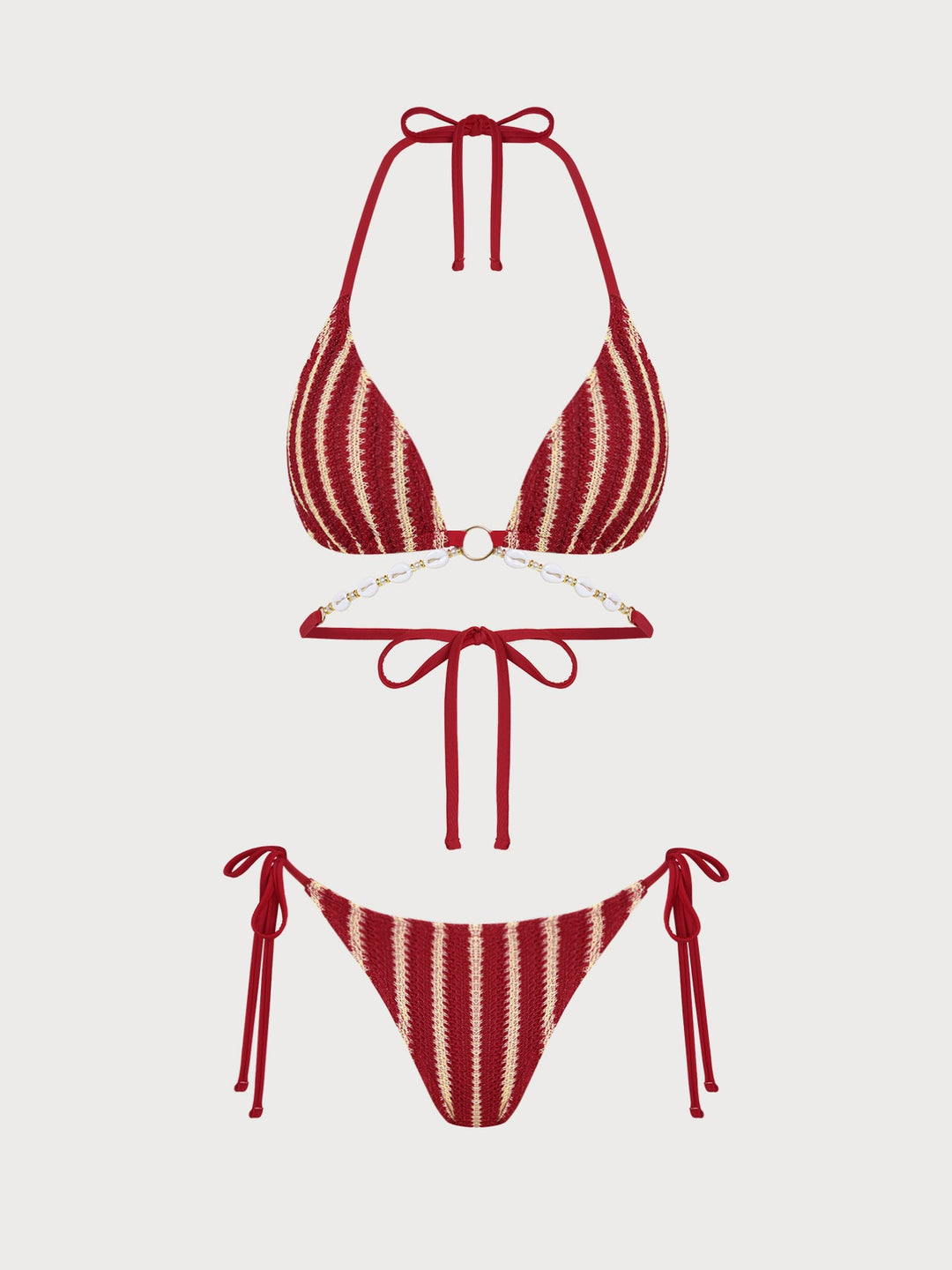Red O-Ring Contrast Striped Bikini Set
