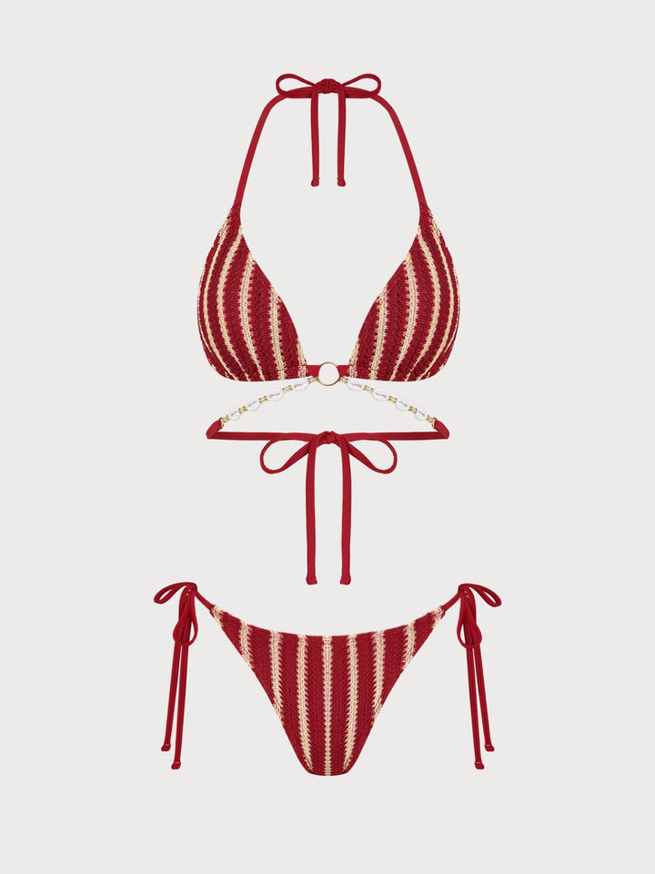Red O-Ring Contrast Striped Bikini Set