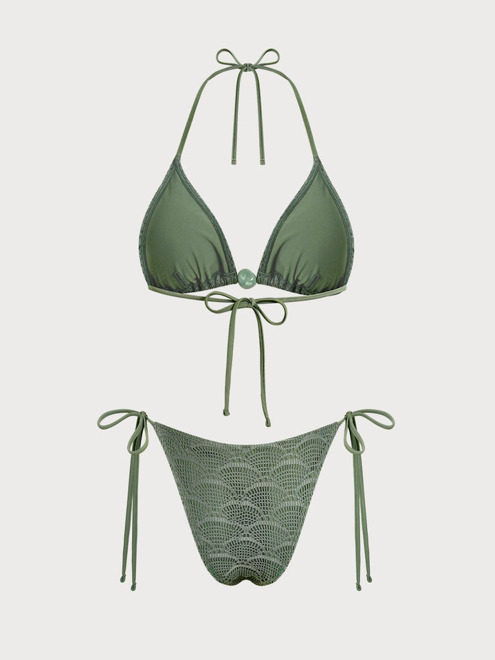 Green Floral Trim Plant Bikini Set