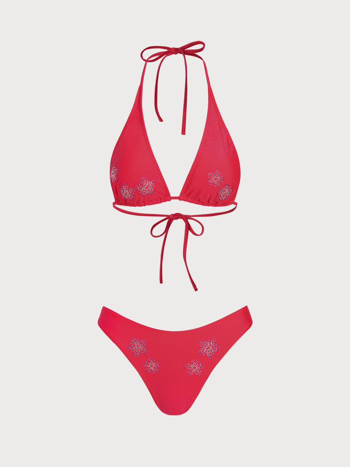 Red Rhinestone Flower Bikini Set