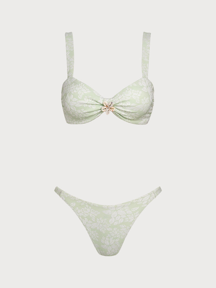 Green Shell Trim Twist Bikini Set