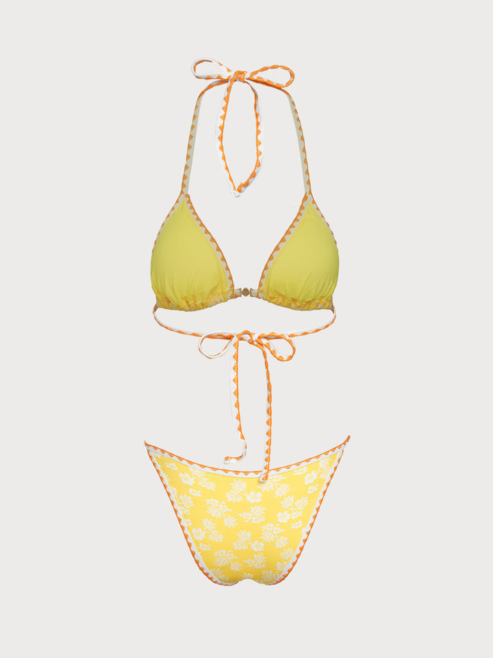 Yellow Contrast Flower Bud Shell Decorated Bikini Set
