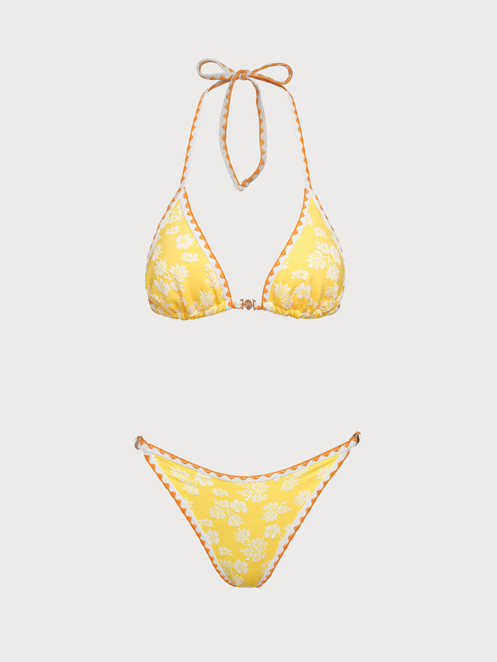 Yellow Contrast Flower Bud Shell Decorated Bikini Set