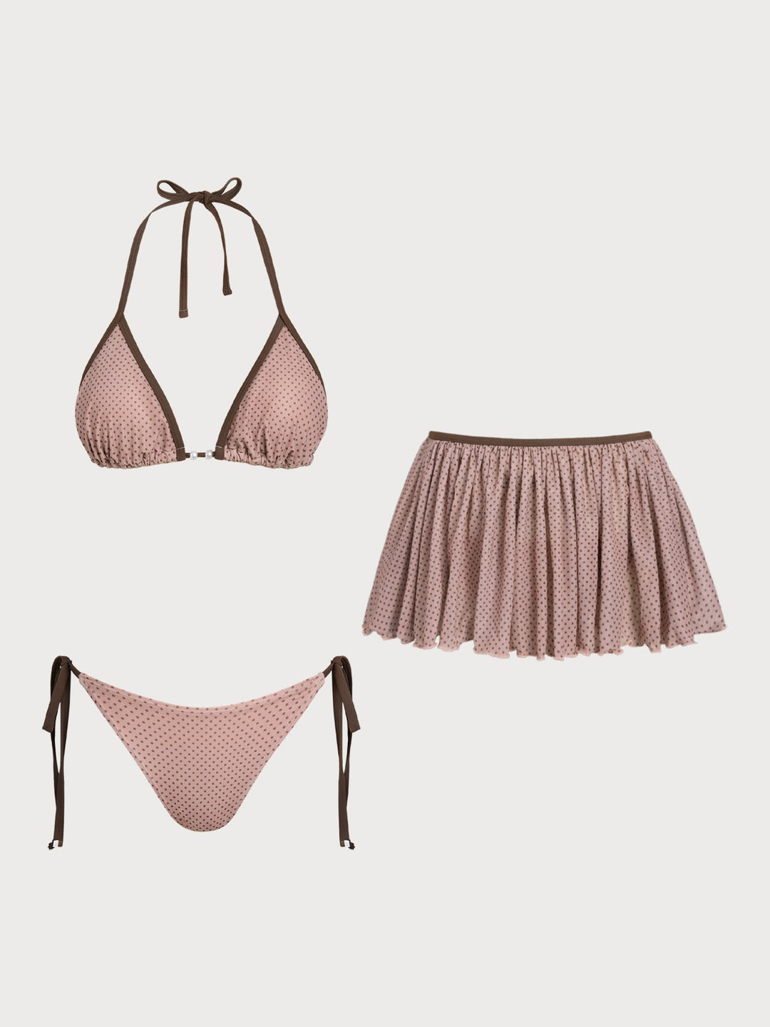 Bean Pink Polka Dot Contrast Bikini Three-Piece Set