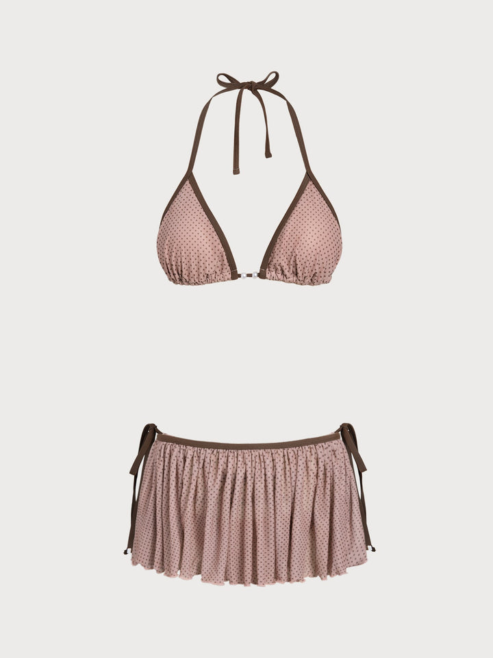 Bean Pink Polka Dot Contrast Bikini Three-Piece Set