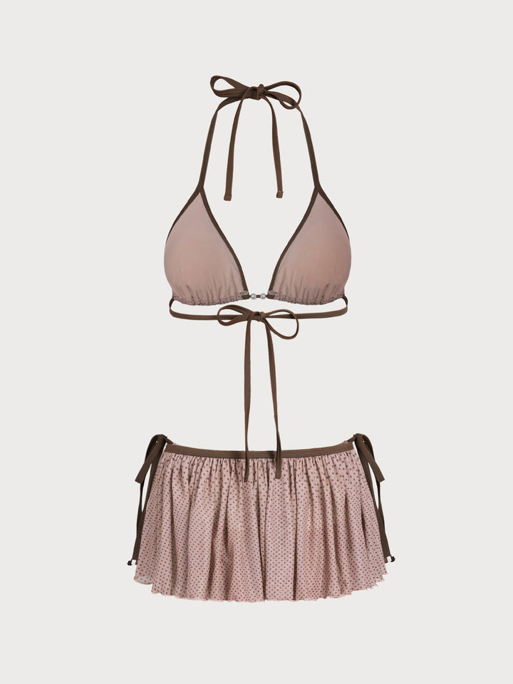 Bean Pink Polka Dot Contrast Bikini Three-Piece Set
