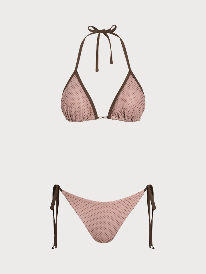 Bean Pink Polka Dot Contrast Bikini Three-Piece Set